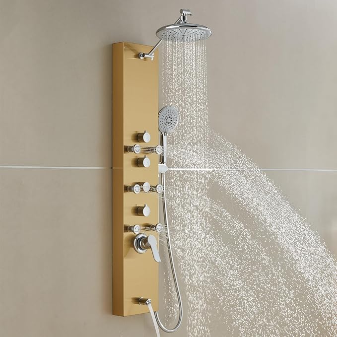 ROVOGO Gold Shower Panel Tower System, 4-Function (Rain Shower, Handheld Sprayer, Body Jets, Tub Spout) with Simultaneous Use Option, Stainless Steel Shower Column with Adjustable Head, 43.3"