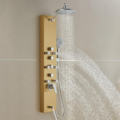 ROVOGO Gold Shower Panel Tower System, 4-Function (Rain Shower, Handheld Sprayer, Body Jets, Tub Spout) with Simultaneous Use Option, Stainless Steel Shower Column with Adjustable Head, 43.3"