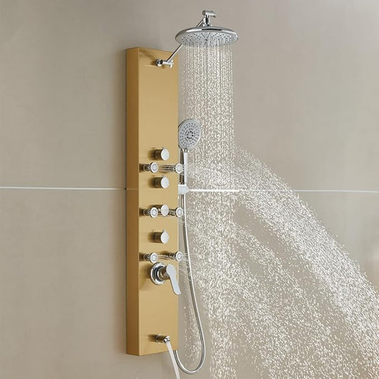 ROVOGO Gold Shower Panel Tower System, 4-Function (Rain Shower, Handheld Sprayer, Body Jets, Tub Spout) with Simultaneous Use Option, Stainless Steel Shower Column with Adjustable Head, 43.3"