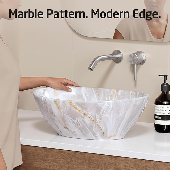KES 16 x 13 Inch Oval Soft Clouded Marbling Vessel Sink Above Counter, Ceramic Porcelain Bathroom Sink Bowl for Vanity Countertop, Modern Look, No Overflow, Sink Only, BVS124-MBE