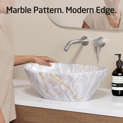 KES 16 x 13 Inch Oval Soft Clouded Marbling Vessel Sink Above Counter, Ceramic Porcelain Bathroom Sink Bowl for Vanity Countertop, Modern Look, No Overflow, Sink Only, BVS124-MBE