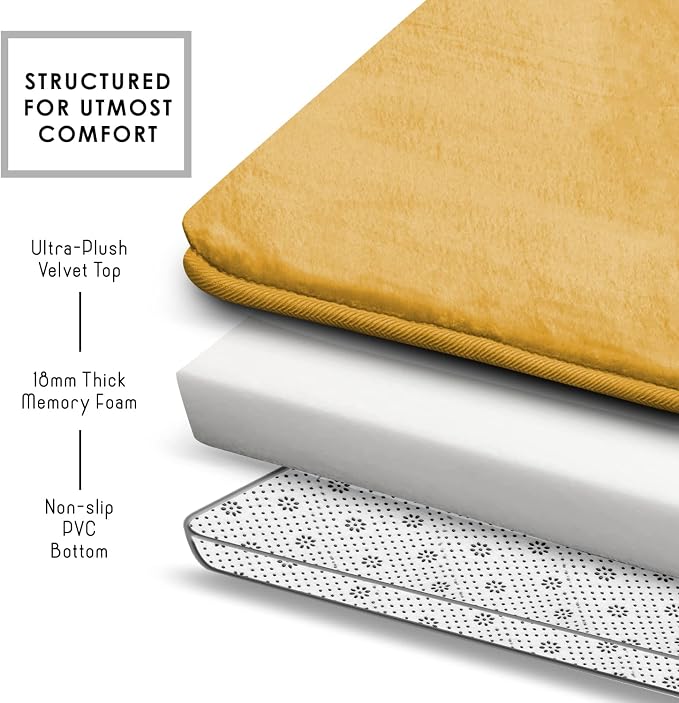 Clara Clark 2 Piece Bathroom Rugs Bath Mat Set, Velvet Memory Foam Bath Mats for Bathroom - Non-Slip, PVC Backing Bath Rugs, Washable - Dries Quickly, Gold