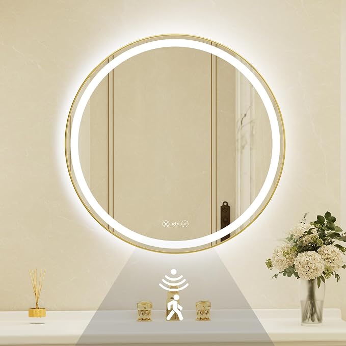 30 Inch Round Gold Framed LED Bathroom Mirror with Lights,Smart Bathroom Mirror,Motion Sensor,Tempered Glass,Anti-Fog,Stepless Dimmable & 3 Colors,Memory,Vanity Mirror for Wall