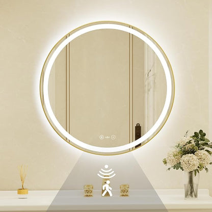 30 Inch Round Gold Framed LED Bathroom Mirror with Lights,Smart Bathroom Mirror,Motion Sensor,Tempered Glass,Anti-Fog,Stepless Dimmable & 3 Colors,Memory,Vanity Mirror for Wall