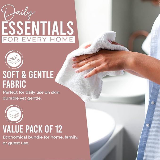 DAN RIVER 12 Pack Cotton Wash Cloths Set for Showering [12x12] Dusty Pink | Lighter Weight, Quick to Dry, Super Soft & Absorbent Face Towels, Hotel Quality, Perfect for Bathroom, Gym, Spa
