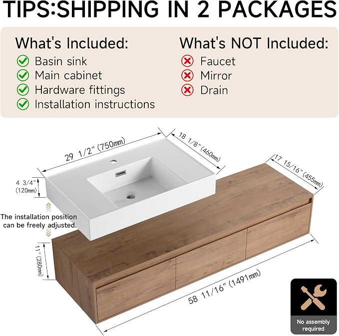 60 Inch Floating Bathroom Vanity with Single Sink, Modern Wall-Mounted Bathroom Cabinet with Resin Sink & Soft Close Drawer, Split-Level Layout (Nature Oak, 60")