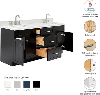 DKB Bradford 72 Inch Bathroom Vanity Double Sink — Black Bathroom Vanity with Sink, 1.5" Edge Pure White Quartz Countertop & Backsplash, 4 Soft-Close Doors, and 3 Dovetail Drawers
