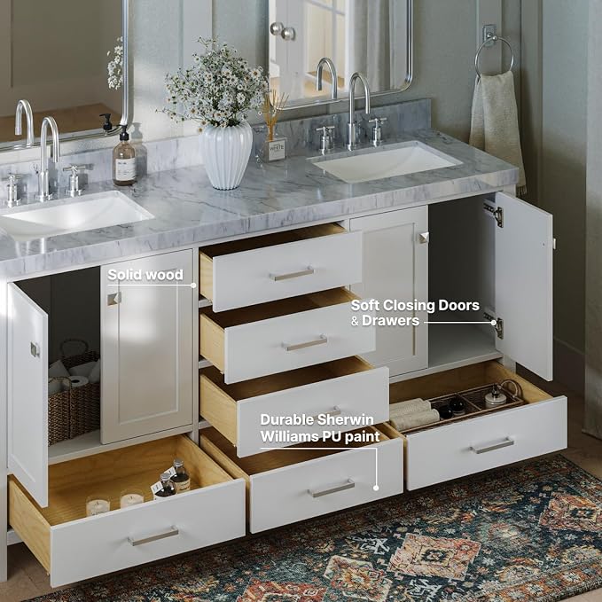ARIEL Cambridge 72-inch Bathroom Vanity with Sink,Solid Wood, 2-inch Italian Carrara Marble Countertop, Double Rectangular Porcelain Sink, 4 Soft Closing Doors, 6 Dovetail Drawers, White