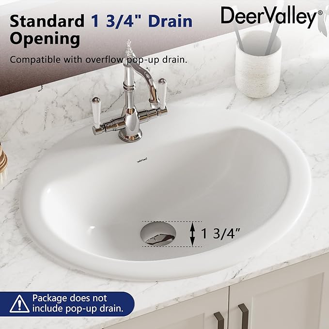 DeerValley Oval Drop-In Bathroom Sink 20x17 Inch, White Ceramic Vessel Basin with Overflow and Single Faucet Hole for Vanity Installation