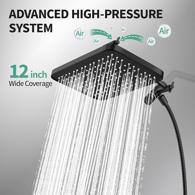 12 Inch Wide Rain Shower Head with Filtered Handheld Combo, High Pressure Rainfall Shower Head, 9 Spray Modes Handheld with 9-Inch Extension Arm, Comes with Filter Removes Chlorine(Black)