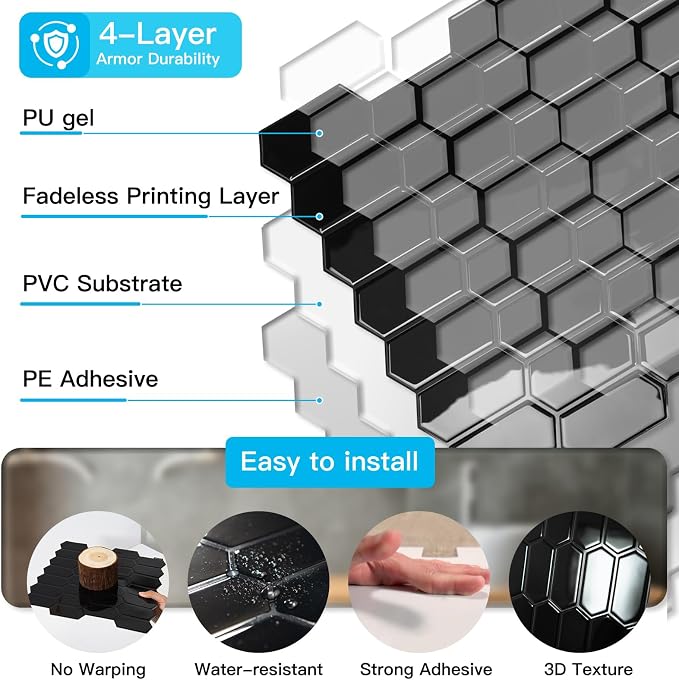 Art3d Hexagon Tile Peel and Stick Backsplash, 10-Pack, 12 x 12 Inch, Black | Superior Thickness, Reliable Adhesion, Warp Resistant, Minimalist Style, Easy to Install, for Kitchen Countertops, Bedroom