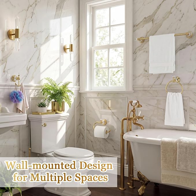 4 Pcs Polished Gold Crystal Bathroom Accessories Set with Adjustable Towel Bar & Semicircular Towel Ring & Toilet Paper Holder & Robe Hook, Luxury Vintage Bath Hardware Fixture Set (style 9)