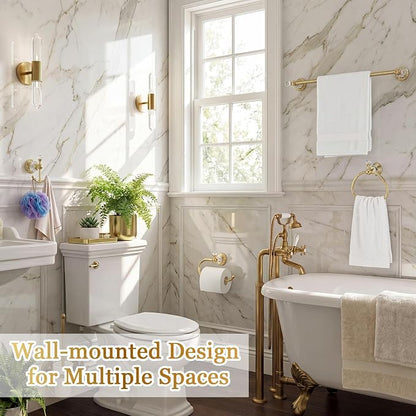 4 Pcs Polished Gold Crystal Bathroom Accessories Set with Adjustable Towel Bar & Semicircular Towel Ring & Toilet Paper Holder & Robe Hook, Luxury Vintage Bath Hardware Fixture Set (style 9)