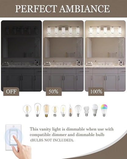 5-Light Brushed Gold Bathroom Light Fixtures Over Mirror, 42" UL-Listed Modern Wall Sconce Lights with Frosted Milk White Glass and Metal Cage for Bath, Hardwire E26, CH9176BNW-5W