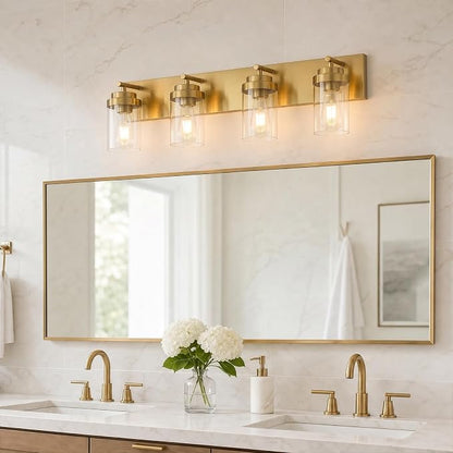 4-Light Bathroom Light Fixtures, Brushed Gold Vanity Lights | Modern Bathroom Lighting Fixtures Over Mirror, Vanity Lights for Bathroom, Mirror, Restroom, Bedroom, E26