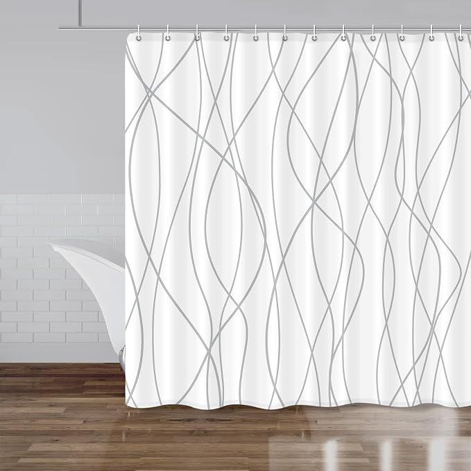 Striped Shower Curtain for Bathroom, Grey White, 84" W x 72" L | with Hooks, Modern Hotel Style, Water Repellent, Washable, Weighted Hem