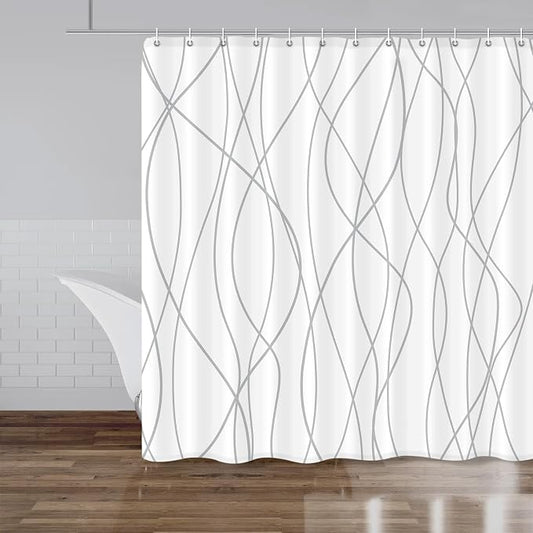 Striped Shower Curtain for Bathroom, Grey White, 84" W x 72" L | with Hooks, Modern Hotel Style, Water Repellent, Washable, Weighted Hem