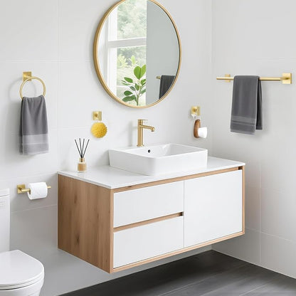 TURS Brushed Gold 5 Piece Bathroom Hardware Accessories Set, SUS304 Stainless Steel Bath Towel Bar Set, 24 Inch Round Bathroom Towel Holder Set Wall Mounted