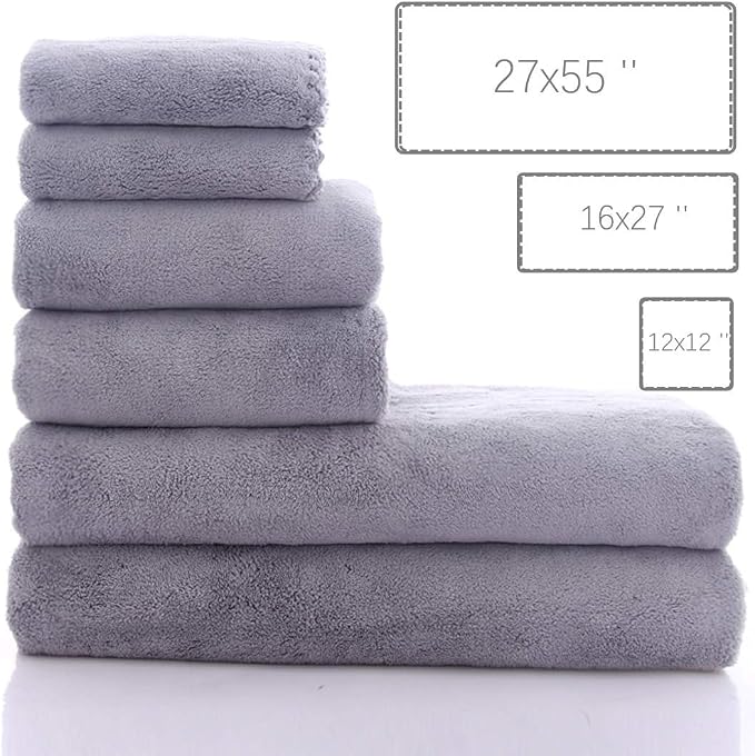 MOONQUEEN Ultra Soft Towel Set - Quick Drying - 2 Bath Towels 2 Hand Towels 2 Washcloths - Microfiber Coral Velvet Highly Absorbent Towel for Fitness, Bathroom, Sports, Yoga, Travel-Grey 6 Pcs