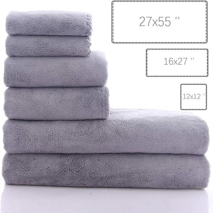 MOONQUEEN Ultra Soft Towel Set - Quick Drying - 2 Bath Towels 2 Hand Towels 2 Washcloths - Microfiber Coral Velvet Highly Absorbent Towel for Fitness, Bathroom, Sports, Yoga, Travel-Grey 6 Pcs