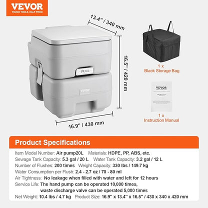 VEVOR Portable Toilet for Camping, RV Toilet with Carry Bag, 5.3 Gal Waste Tank & 3.2 Gal Flush Tank, Push-Button Pressurized Flush Commode, Leak-proof and Odourless Travel Toilet for Camping Car