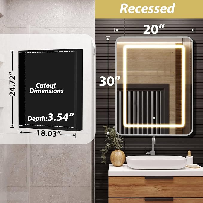 APRILSOUL 20x30 Inch Lighted Bathroom Medicine Cabinet with Mirror, Silver Recessed or Surface Mount Medicine Cabinet Mirror with Storage and LED Lights, 3 Colors Temperature, Dimmable Light