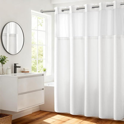 RiverDream Heavyweight Waffle No Hook Shower Curtain with Liner,White,71x77 | Dotted Waffle,Snap-in Liner,Heavy Duty,Quick Dry,Mesh Top Window,With Bottom Magnets,Hotel-Grade,Washable,Long Size