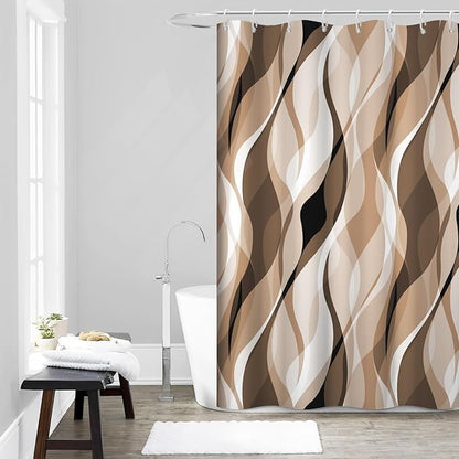 Brown Shower Curtain, Modern Abstract Grey and Brown Striped Shower Curtain Set for Bathroom Waterproof Tan Shower Curtain with Hooks, 54x72 Inch