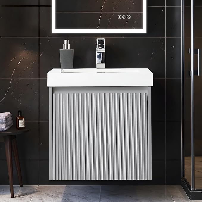 Blossom 20 Inch Bathroom Vanity with Sink | All Wood Wall Mounted Floating Bathroom Vanity Cabinet | Soft-Close Drawer | Modern Minimalist Style Vanities (20" w/Acrylic Sink, Light Grey)