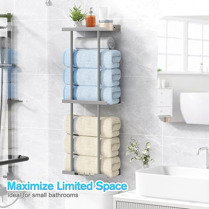 Liuoud Towel Rack for Bathroom, Wall Mounted Bath Towel Holder Storage Organizer for Rolled Towels, Vertical Towel Rack with Shelf Can Holds Up 6 Large Bath Towel (Grey, Larger Size)