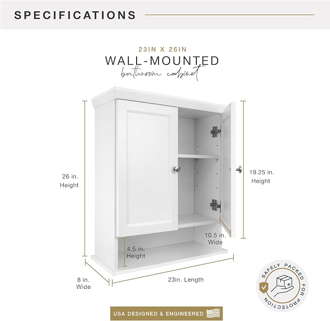 MCS 23x26 White Medicine Cabinet Organizer, Wall Mounted Bathroom Cabinet for Over-The-Toilet Storage, Bathroom Furniture & Restroom Organizer