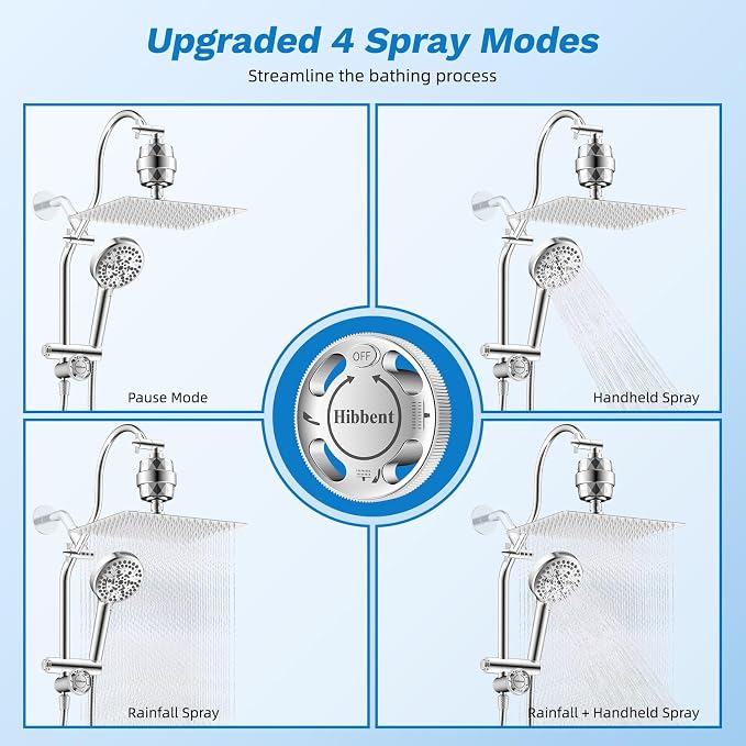 Hibbent 12" Dual Filtered 10" Rainfall Shower Head with Handheld 10-Spray | High Pressure Metal Chrome Showerhead Combo with Filter, 4-way Diverter with Pause Mode, Extension Arm, 71'' Hose & Holder