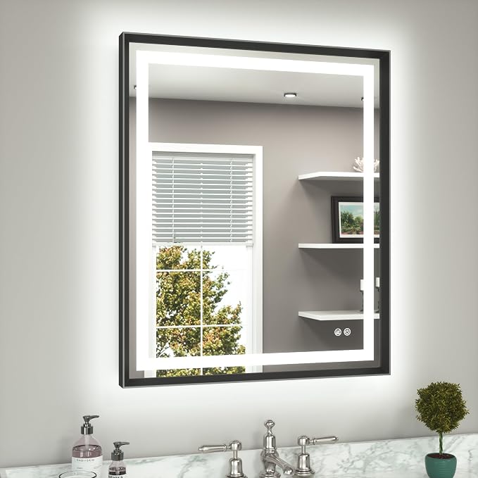 Led Bathroom Mirror 30 x 36 with Brushed Black Frame Anti-Fog Frontlit & Backlit Vanity Mirror Stepless Dimmable Lighted Mirrors for Bathroom Wall 3 Colors White/Warm/Natural Wall-Mounted