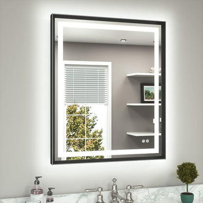 Led Bathroom Mirror 30 x 36 with Brushed Black Frame Anti-Fog Frontlit & Backlit Vanity Mirror Stepless Dimmable Lighted Mirrors for Bathroom Wall 3 Colors White/Warm/Natural Wall-Mounted