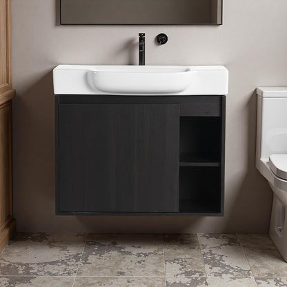 28" Bathroom Vanity with Ceramic Sink, Farmhouse Cabinet, Dark Oak | Ceramic Sink, Soft-Close Door, Interior Compartment and 2-Tier Open Side Shelves, 45° Inclined Edge Handle