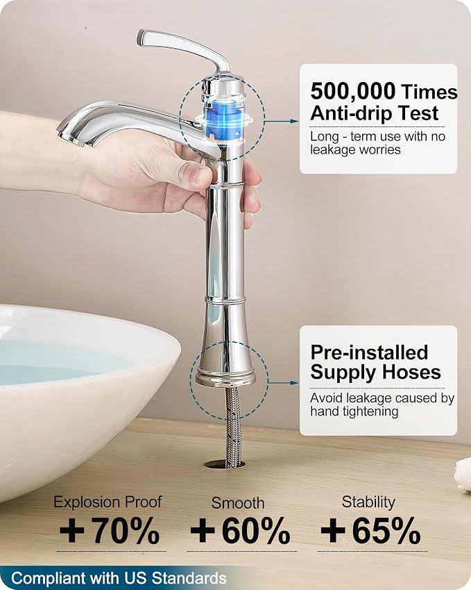 Tall Vessel Sink Faucet, Brass Bathroom Vessel Faucet, One Hole, Single Handle with Pop-Up Drain & Supply Water Hoses, No Leaks, Chrome