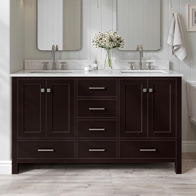 ARIEL Cambridge 60-inch Bathroom Vanity with Sink,Solid Wood, 0.75-inch Italian Carrara Marble Countertop, Double Rectangular Porcelain Sink, 4 Soft Closing Doors, 6 Dovetail Drawers, Espresso