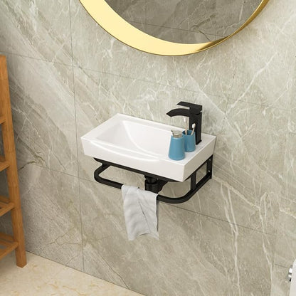 Lordear Wall Mounted Bathroom Sink with Towel Rack 20 x 11 Inch Modern Black Wall Hung Sink for ADA Bathrooms, Rectangular One Hole Porcelain Vanity Sinks