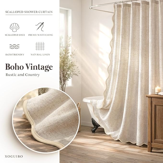 Scalloped Shower Curtain Linen Boho Flax Cream 72" W x 72" L | Linen Fabric, Black Border, Washable, Heavy Duty Cloth, Shower Curtain for Boho Farmhouse Bathroom Bathtub