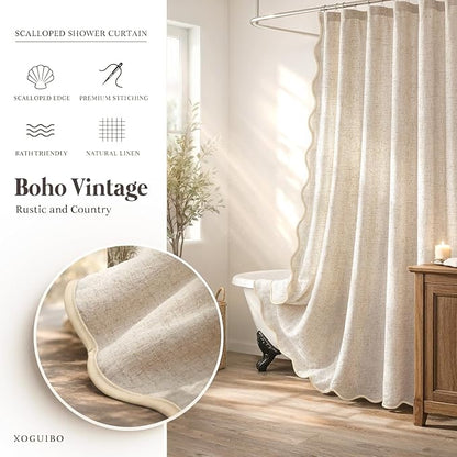 Scalloped Shower Curtain Linen Boho Flax Cream 72" W x 72" L | Linen Fabric, Black Border, Washable, Heavy Duty Cloth, Shower Curtain for Boho Farmhouse Bathroom Bathtub