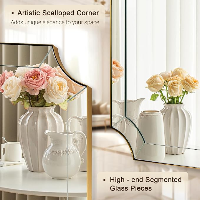 30x40 Scalloped Bathroom Mirror, Gold Rectangle Wall Mirror with Scallop Corner, Non-Rusting Vanity Mirror with Curved Cutouts, Well Made Antique Mirror Hangs Horizontal & Vertical