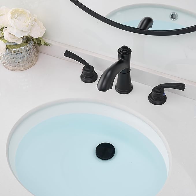Brass Black Widespread Bathroom Faucet 3 Hole, 8 Inch Farmhouse Black Bathroom Sink Faucet 2 Handle with Pop up Drain & Pre-Installed Water Hose