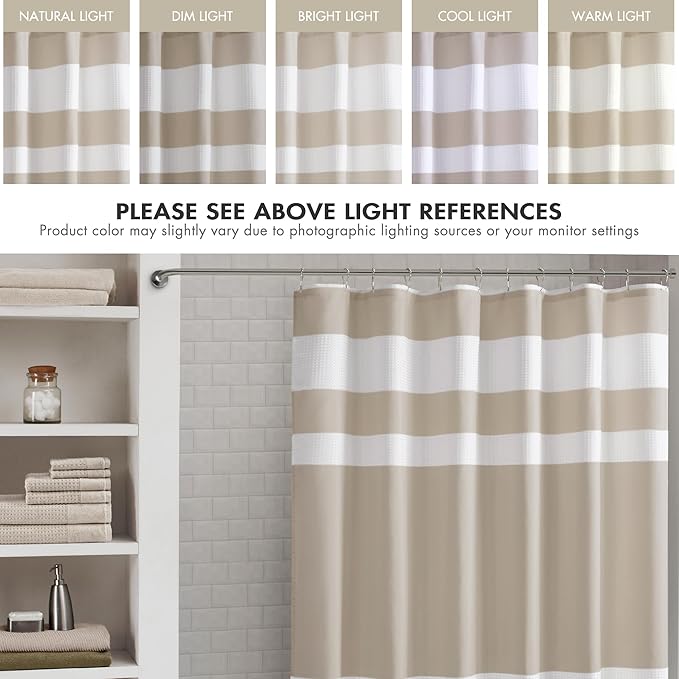 Madison Park Spa Waffle Weave Long Shower Curtain, 72 x 78, Taupe | Striped, Pieced Fabric Design, 3M Scotchgard Moisture Management, Hotel Quality, Modern, for Bathroom, OEKO-TEX Certified
