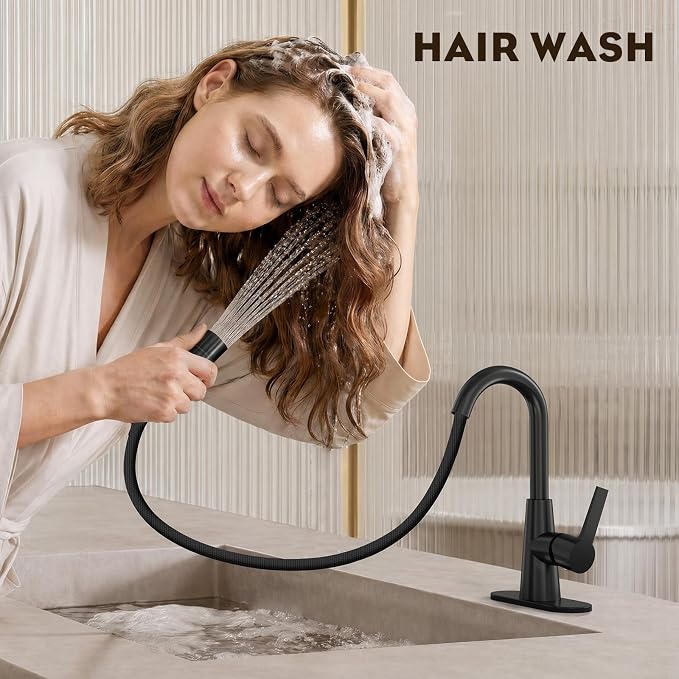 High Arc Bathroom Sink Faucet with Pull Down Sprayer, Tall Matte Black Single Handle Pull Out Faucet with Pop-Up Drain, 1 or 3 Hole Laundry Bar Basin Faucet with Deck Plate WE10CL-ZY-MB