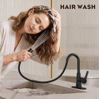 High Arc Bathroom Sink Faucet with Pull Down Sprayer, Tall Matte Black Single Handle Pull Out Faucet with Pop-Up Drain, 1 or 3 Hole Laundry Bar Basin Faucet with Deck Plate WE10CL-ZY-MB