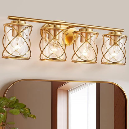 4-Lights Bathroom Vanity Lights, Bathroom Light Fixtures Over Mirror, Brushed Gold Vanity Light, Farmhouse Wall Lights with Clear Glass Shade, Bathroom Wall Lamp for Mirror Kitchen Bedroom