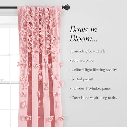 Lush Decor Riley Light Filtering Window Curtain Panel, Single 54" W x 84" L, Pink - Cute Pink Curtains for Bedroom - Bow Decor - Coquette Curtains for Windows