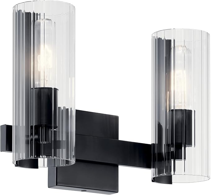 Kichler Jemsa 2 Light Vanity, Modern Light with Clear Fluted Glass in Black for Bathroom or Powder Room (9.75" x 13.75"), 55167BK