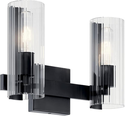 Kichler Jemsa 2 Light Vanity, Modern Light with Clear Fluted Glass in Black for Bathroom or Powder Room (9.75" x 13.75"), 55167BK