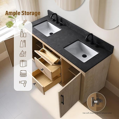 60 Inch Bathroom Vanity with Double Sink & Black Ceramic Top, MDF Material Vanity Cabinet with Basin Combo, Soft-Closing Doors, Removable Shelf, Backsplash